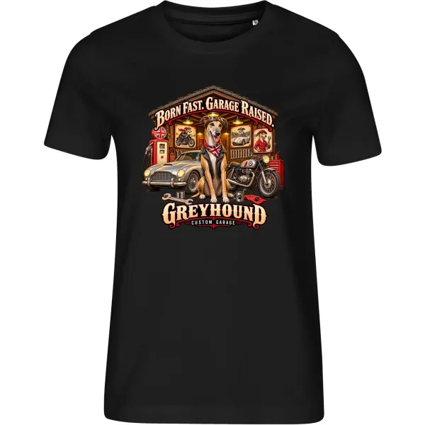 Černé dámské tričko Greyhound – Custom Garage – psí motorkářský motiv