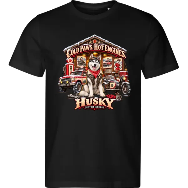 Černé pánské tričko Husky – Custom Garage – psí motorkářský motiv