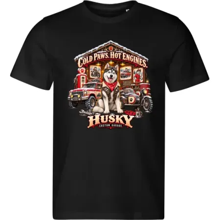 Černé pánské tričko Husky – Custom Garage – psí motorkářský motiv