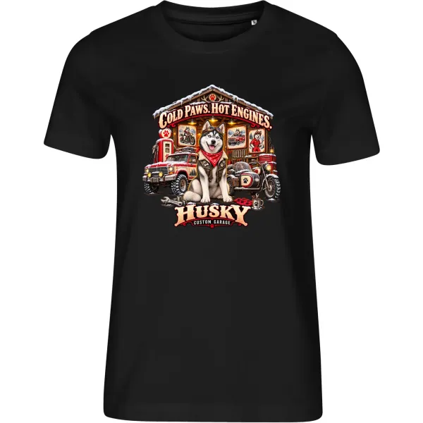 Černé dámské tričko Husky – Custom Garage – psí motorkářský motiv