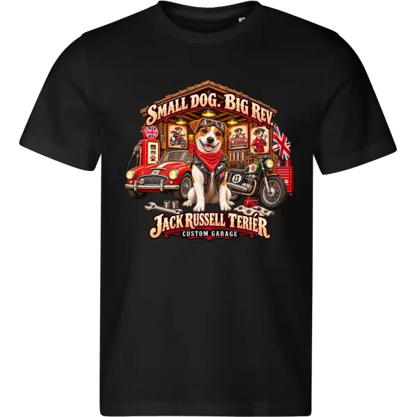 Černé pánské tričko Jack Russell teriér – Custom Garage – psí motorkářský motiv