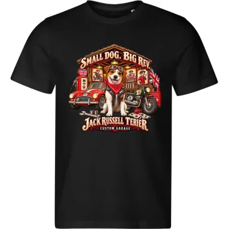 Černé pánské tričko Jack Russell teriér – Custom Garage – psí motorkářský motiv