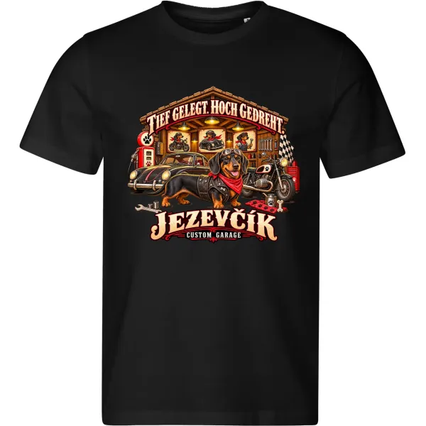 Černé pánské tričko Jezevčík – Custom Garage – psí motorkářský motiv