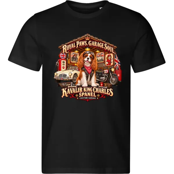 Černé pánské tričko Kavalír King Charles španěl – Custom Garage – psí motorkářský motiv
