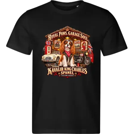 Černé pánské tričko Kavalír King Charles španěl – Custom Garage – psí motorkářský motiv