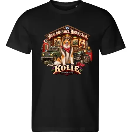 Černé pánské tričko Kolie – Custom Garage – psí motorkářský motiv