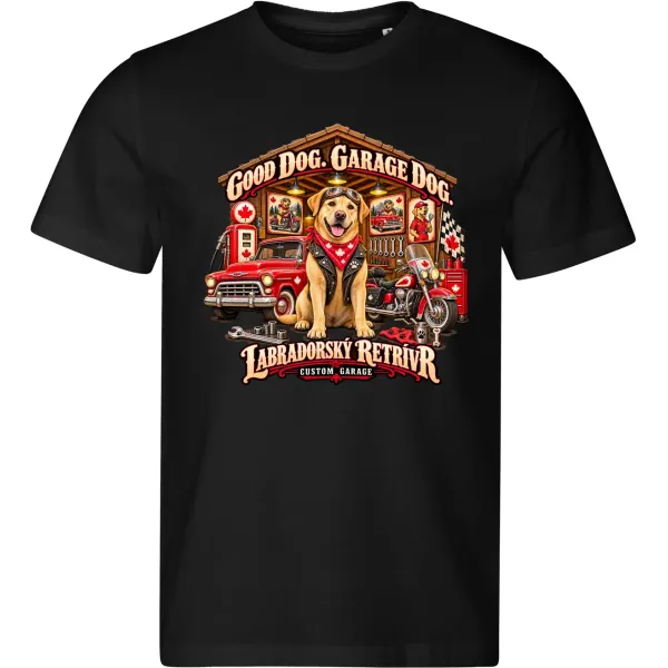 Černé pánské tričko Labradorský retrívr – Custom Garage – psí motorkářský motiv