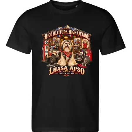 Černé pánské tričko Lhasa apso – Custom Garage – psí motorkářský motiv