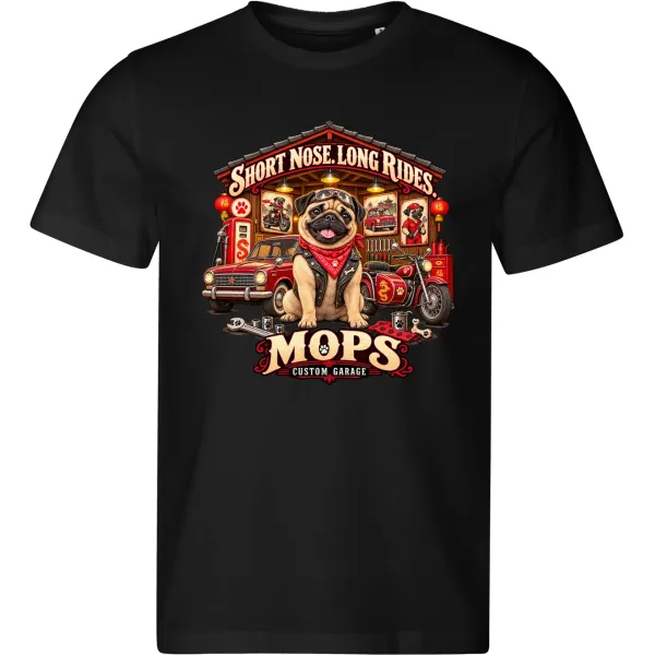 Černé pánské tričko Mops – Custom Garage – psí motorkářský motiv