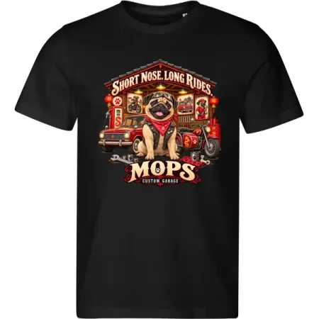 Černé pánské tričko Mops – Custom Garage – psí motorkářský motiv