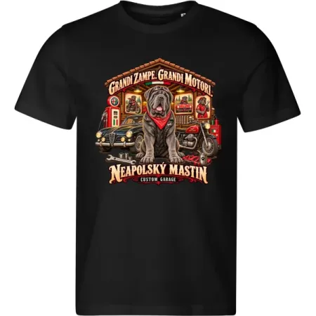 Černé pánské tričko Neapolský mastin – Custom Garage – psí motorkářský motiv
