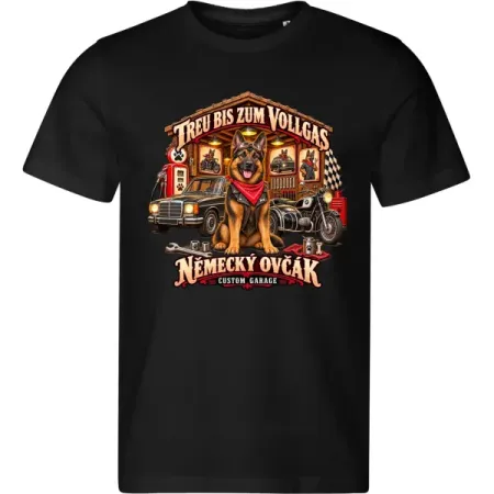 Černé pánské tričko Německý ovčák – Custom Garage – psí motorkářský motiv