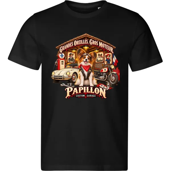 Černé pánské tričko Papillon – Custom Garage – psí motorkářský motiv