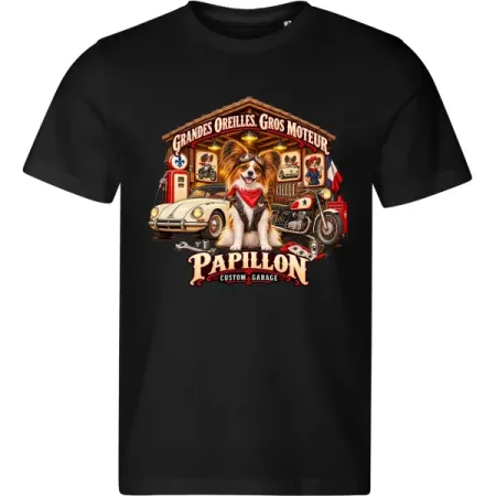 Černé pánské tričko Papillon – Custom Garage – psí motorkářský motiv