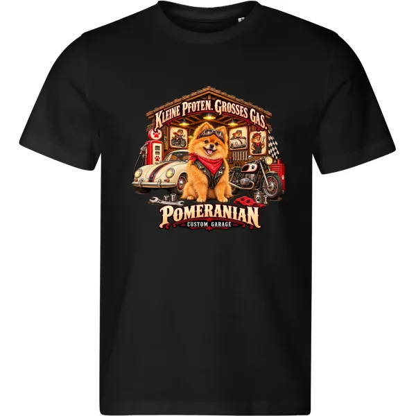 Černé pánské tričko Pomeranian – Custom Garage – psí motorkářský motiv