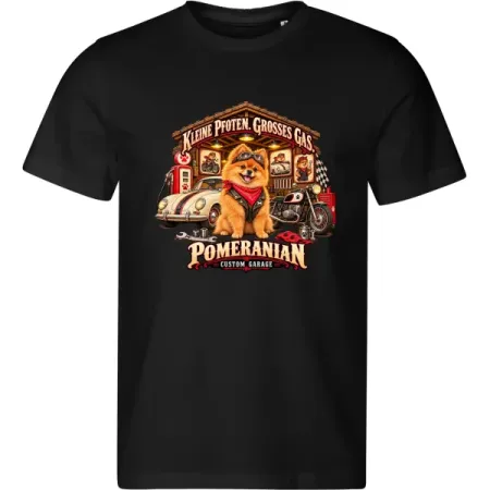 Černé pánské tričko Pomeranian – Custom Garage – psí motorkářský motiv