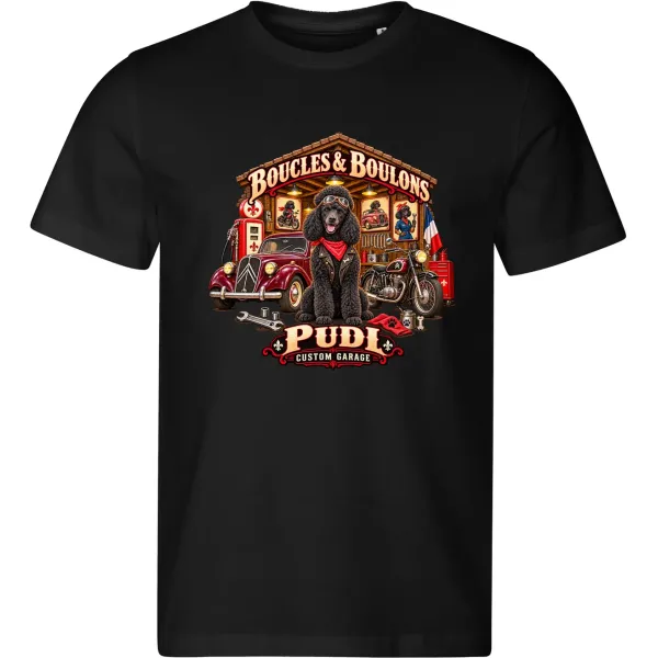 Černé pánské tričko Pudl – Custom Garage – psí motorkářský motiv
