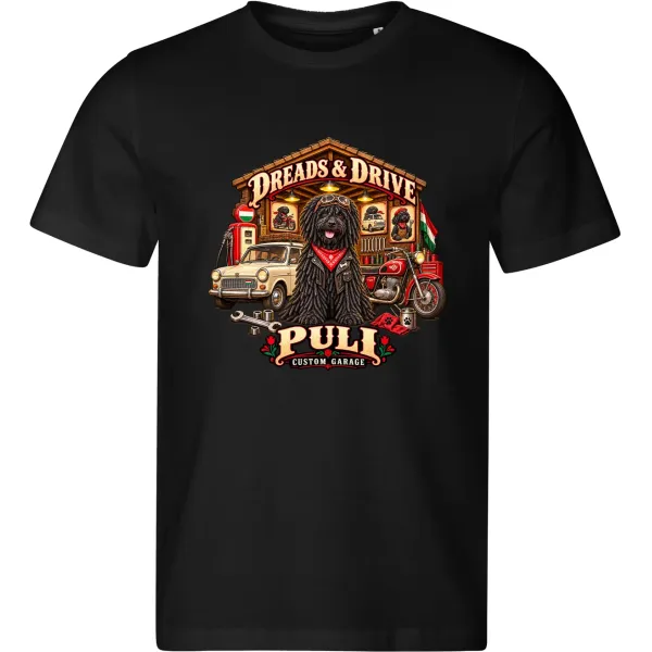 Černé pánské tričko Puli – Custom Garage – psí motorkářský motiv