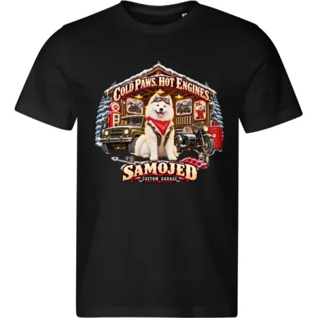 Černé pánské tričko Samojed – Custom Garage – psí motorkářský motiv