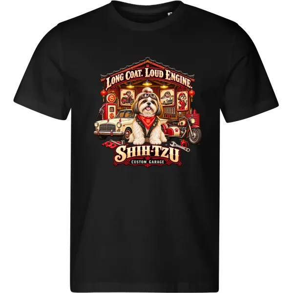 Černé pánské tričko Shih-tzu – Custom Garage – psí motorkářský motiv