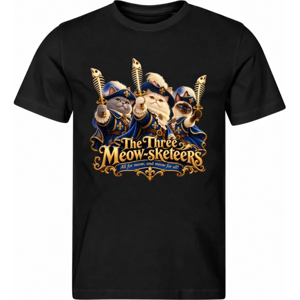 Pánské černé tričko The Three Meow-sketeers – kočičí mušketýři s rybími kordy