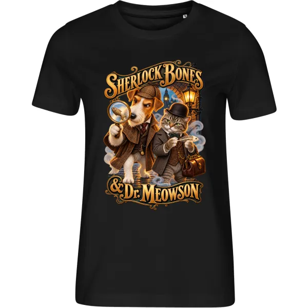 Dámské černé tričko SHERLOCK BONES & Dr. MEOWSON – zvířecí detektivové