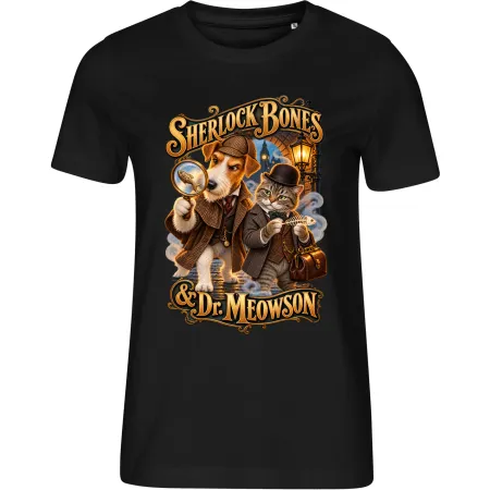 Dámské černé tričko SHERLOCK BONES & Dr. MEOWSON – zvířecí detektivové