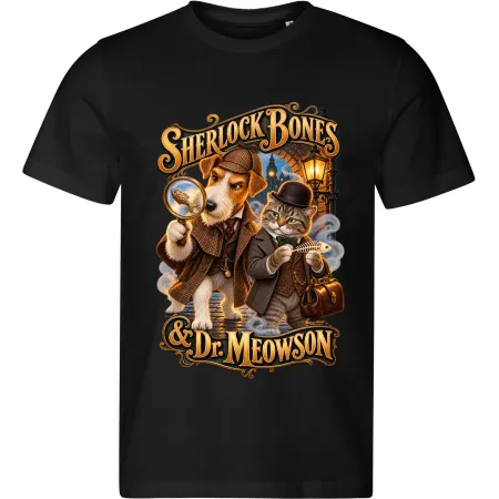 Pánské černé tričko SHERLOCK BONES & Dr. MEOWSON – zvířecí detektivové