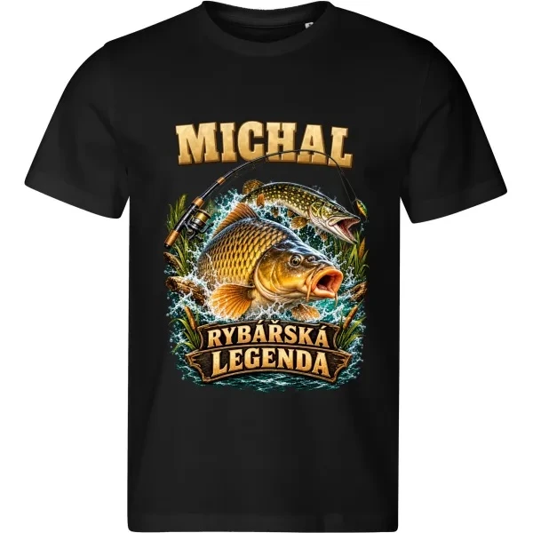 Černé pánské tričko Rybářská legenda s vlastním jménem MICHAL a motivem kapra a štiky