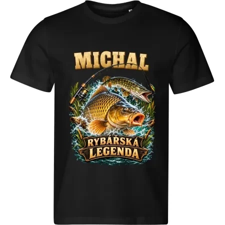 Černé pánské tričko Rybářská legenda s vlastním jménem MICHAL a motivem kapra a štiky