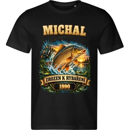 Černé pánské tričko Zrozen k rybaření se jménem MICHAL, rokem 1990 a motivem kapra