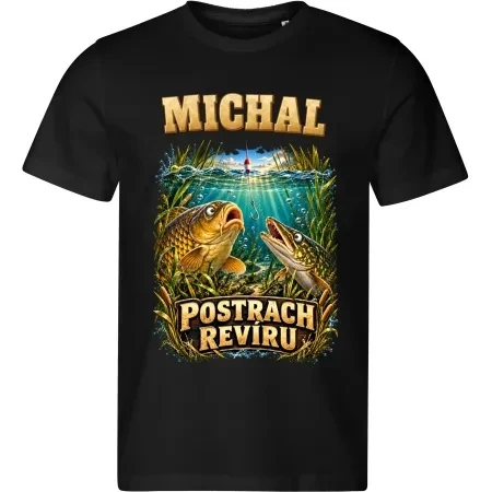 Černé pánské tričko Postrach revíru s vlastním jménem MICHAL, kaprem a štikou – přední potisk