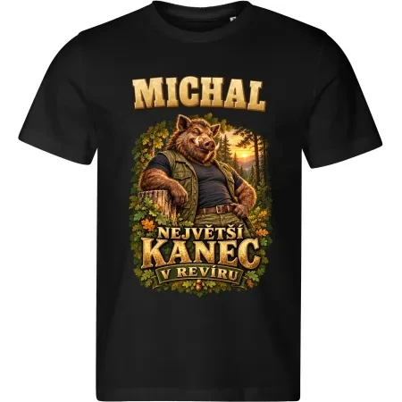 Černé pánské tričko Největší kanec v revíru s vlastním jménem MICHAL