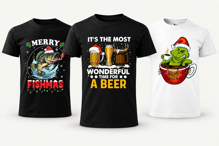 Pánské tričko Merry Fishmas · Tričko It’s the Most Wonderful Time for a Beer · Pánské tričko Grinch Coffee before Christmas